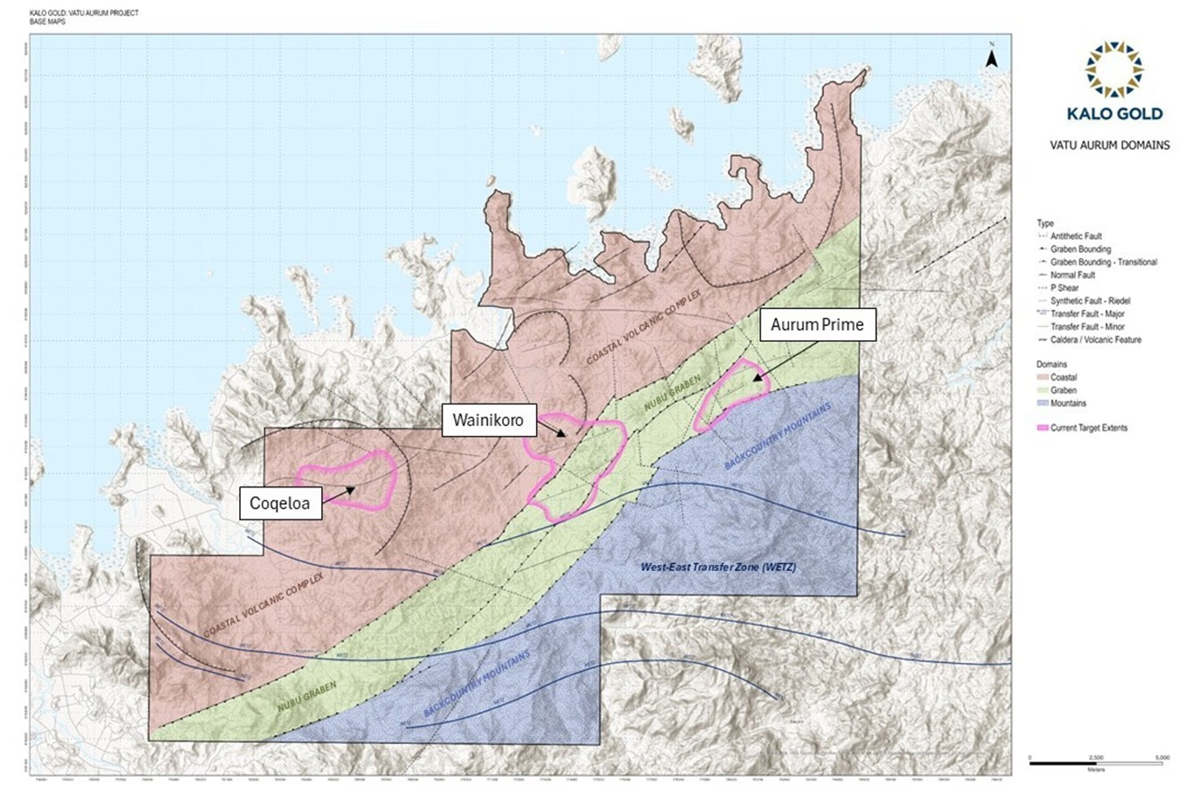 Kalo Gold Vatu Aurum Project domains map showing Aurum Prime, Wainikoro and Coqeloa target extents