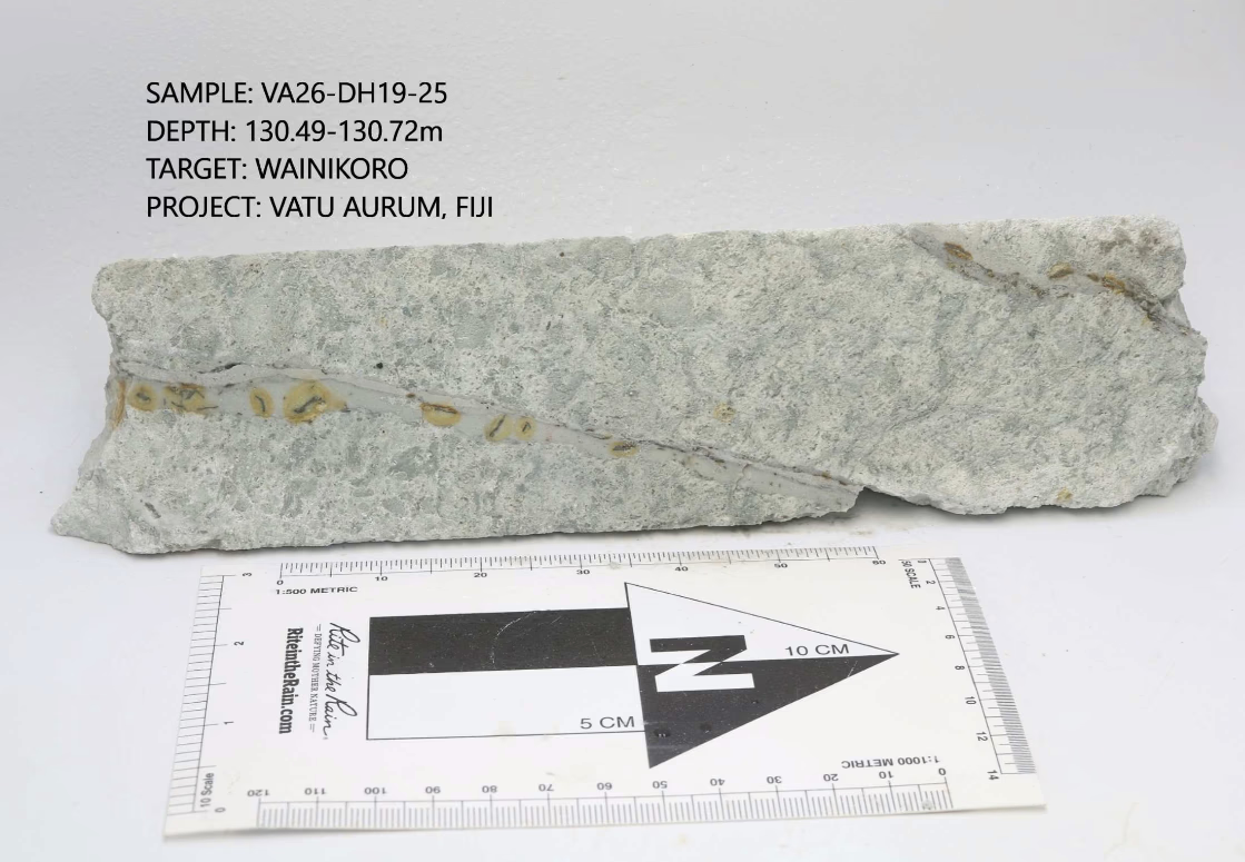 Altered core sample VA26-DH19-25 from the Wainikoro Target