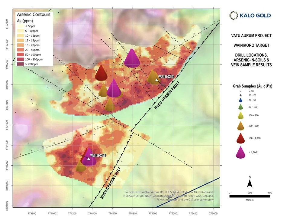 VA26-DH18 and VA26-DH19 collars on arsenic-in-soil contours