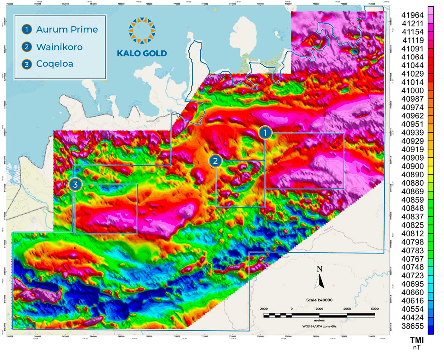 Vatu Aurum Project total magnetic intensity image showing the Wainikoro, Aurum Prime and Coqeloa target areas