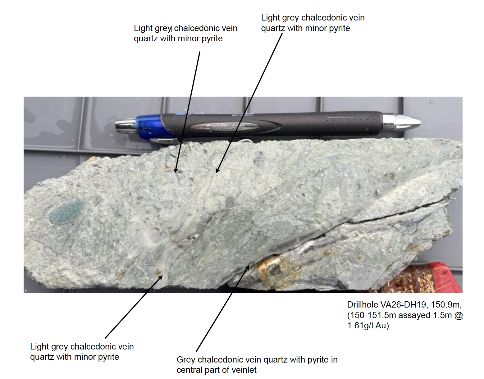 Chalcedonic vein quartz with pyrite, drillhole VA26-DH19 at 150.9 m
