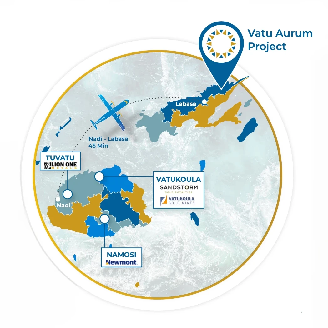 Map of Fiji showing the Vatu Aurum Project alongside the Tuvatu, Vatukoula and Namosi projects