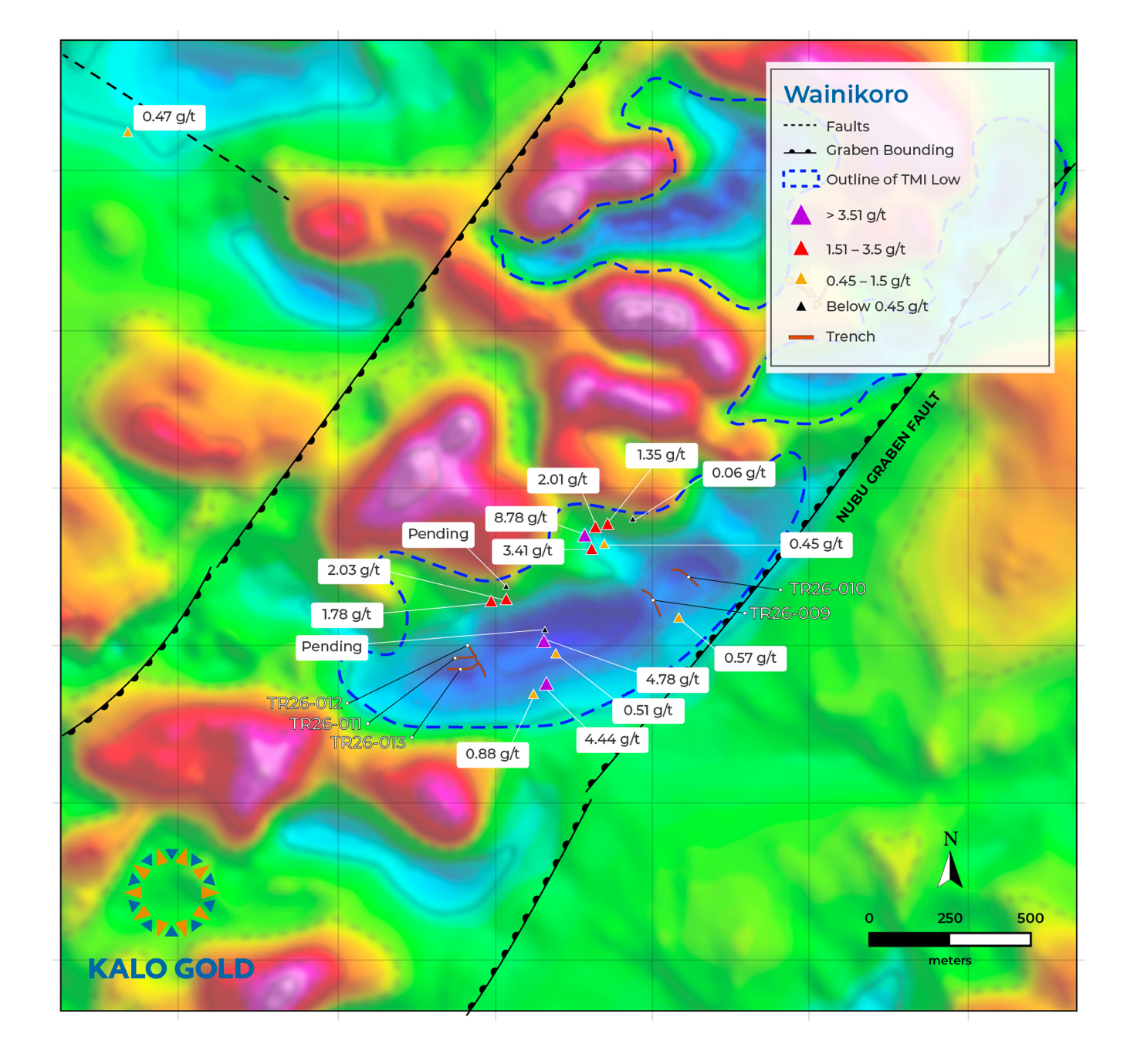 Wainikoro Target surface traverse fire assay results and trench locations on TMI