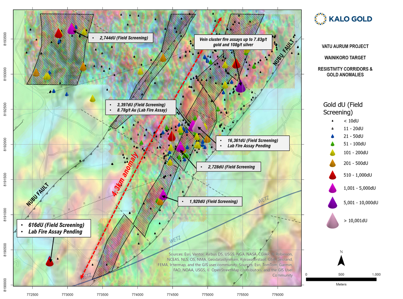 Figure 1: Resistivity corridors and gold anomalies at Wainikoro, showing the location of sample NAK-JT26-G-002F (616 dU; ~0.62 g/t Au est.).