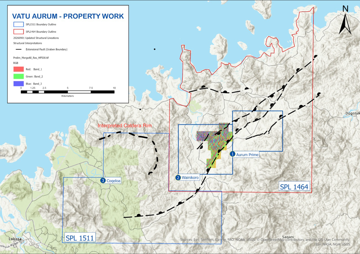 Figure 3: Vatu Aurum property work map showing SPL 1464 and SPL 1511, target areas, graben-boundary faults and IP resistivity coverage at Wainikoro.