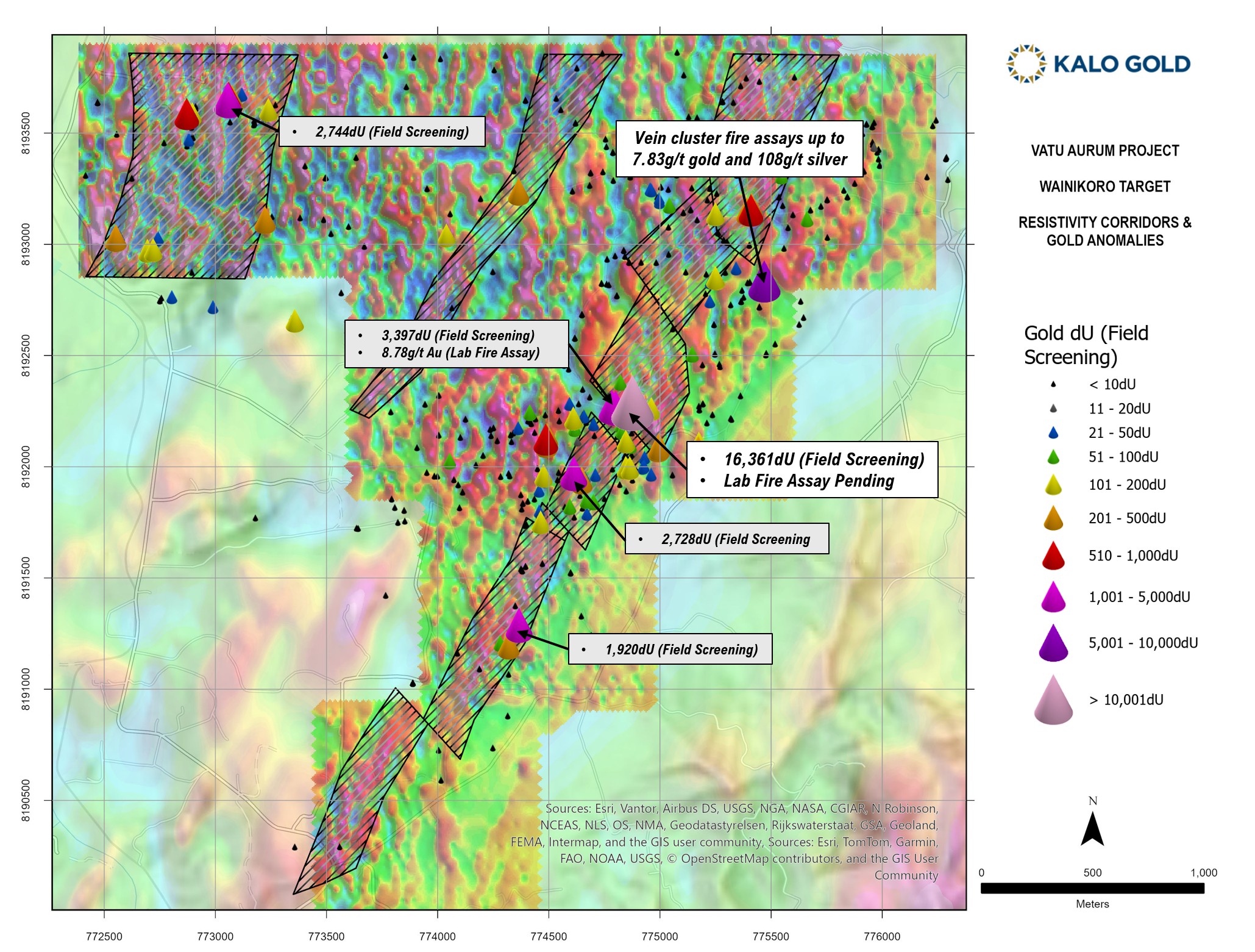 Figure 1: Kope Road North and New Vein Cluster gold occurrences in relation to interpreted IP resistivity corridors at Wainikoro.