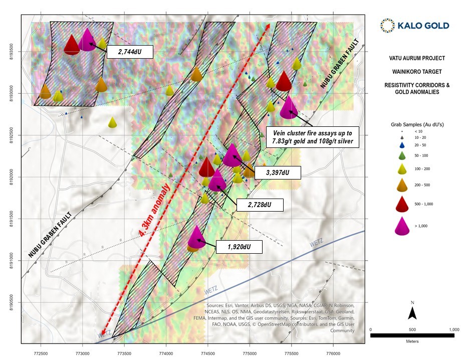 Figure 1. Wainikoro interpreted resistivity corridors and surface gold results